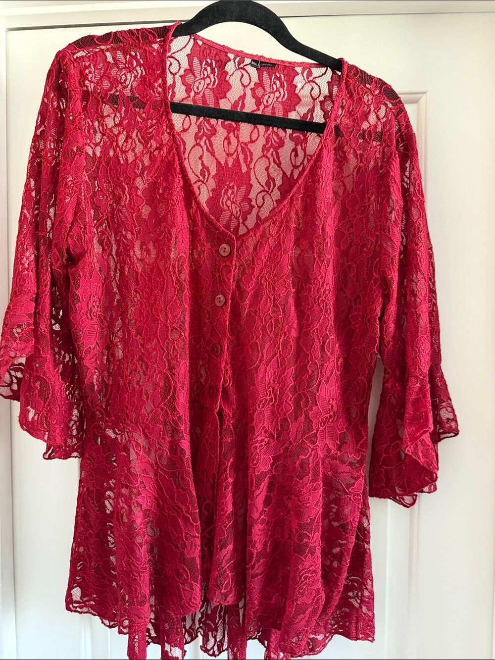 Red Lace Button-Front Tunic Top